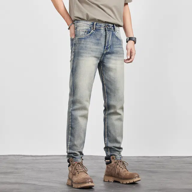 雅鹿 美式工装复古潮牌直筒宽松牛仔裤 男款 浅蓝
