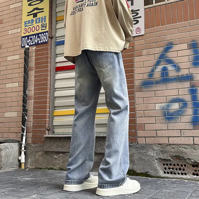 雅鹿 宽松阔腿水洗耐磨美式复古微喇牛仔裤 男款