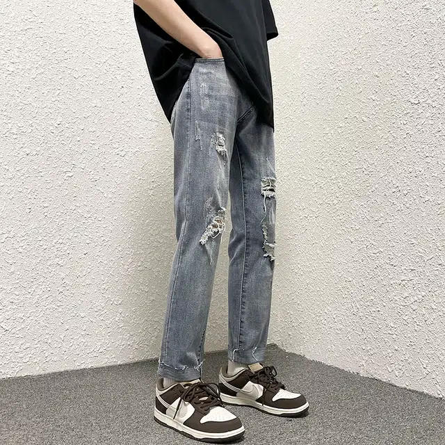 雅鹿 破洞直筒阔腿宽松垂感牛仔裤 男款