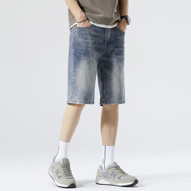 雅鹿 水洗中腰宽松直筒水洗耐磨牛仔短裤 男款 蓝色