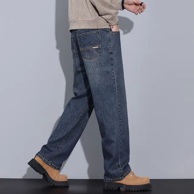 雅鹿 复古阔腿百搭宽松水洗休闲中腰耐磨牛仔裤 男款 深海蓝
