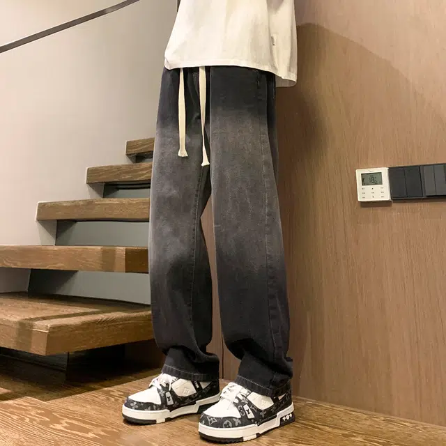 雅鹿 宽松渐变系带垂感百搭休闲水洗耐磨直筒牛仔裤 男款