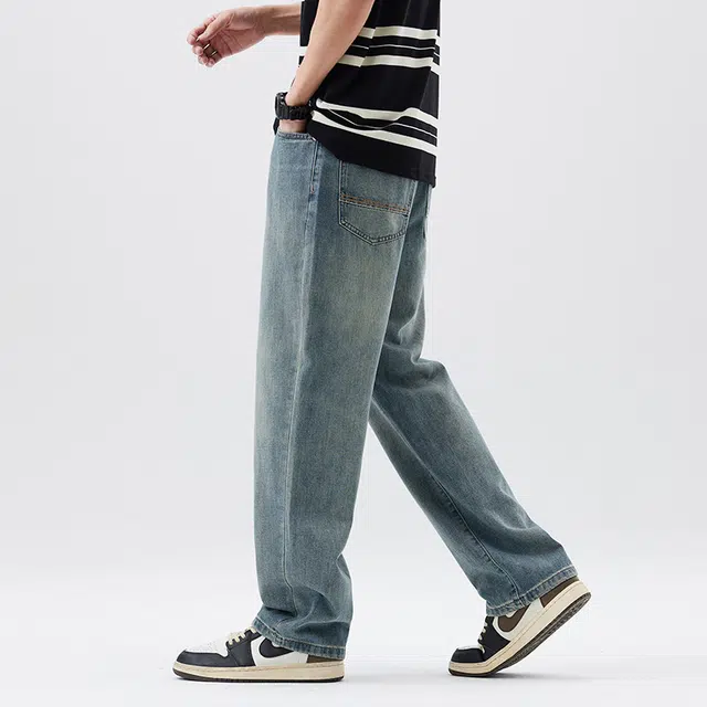 雅鹿 高街美式宽松垂感休闲水洗做旧百搭中腰阔腿牛仔裤 男款 蓝色