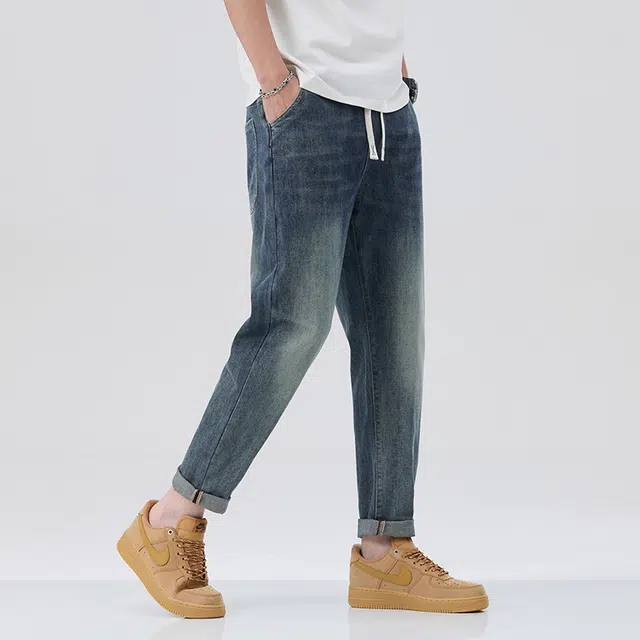 雅鹿 宽松直筒哈伦系带休闲牛仔裤 男款 蓝色
