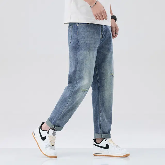 雅鹿 复古宽松直筒哈伦破洞牛仔裤 男款 蓝色