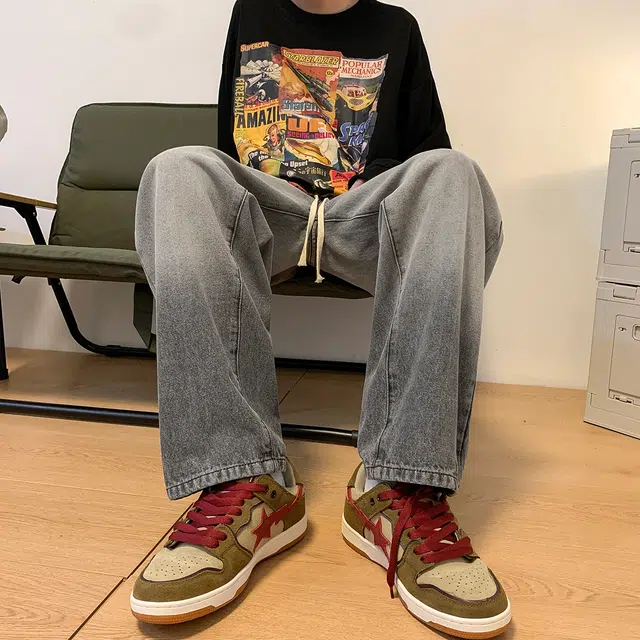 雅鹿 渐变复古美式高街宽松休闲百搭阔腿牛仔裤 男女同款