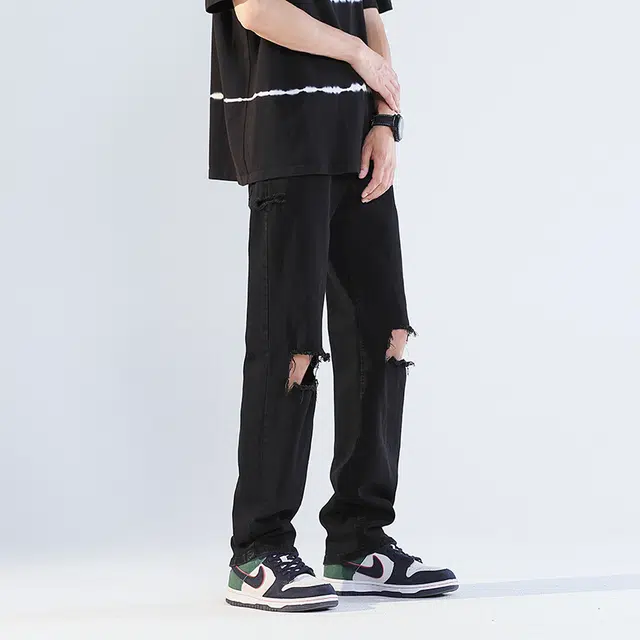 雅鹿 破洞百搭中腰高街水洗直筒修身做旧耐磨牛仔裤 男款 黑色