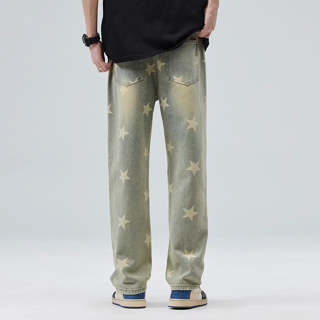 雅鹿 黄泥星星宽松阔腿百搭直筒系带中腰水洗耐磨潮牌牛仔裤 男款 泥黄