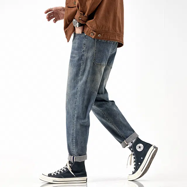 雅鹿 美式高街复古修身直筒中腰耐磨水洗牛仔裤 男款