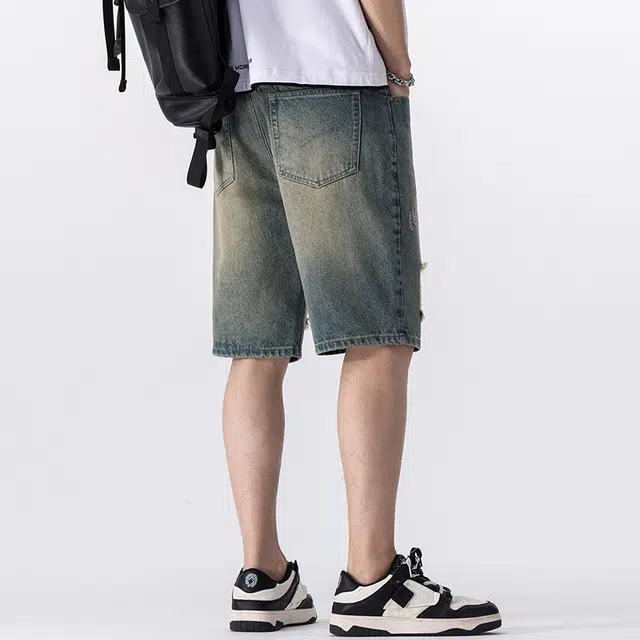 雅鹿 休闲破洞百搭水洗做旧薄款五分牛仔短裤 男款 黄泥蓝