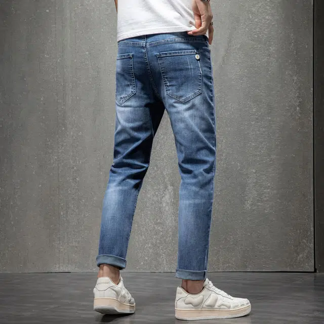 雅鹿 弹力修身直筒哈伦水洗做旧九分牛仔裤 男款 蓝色