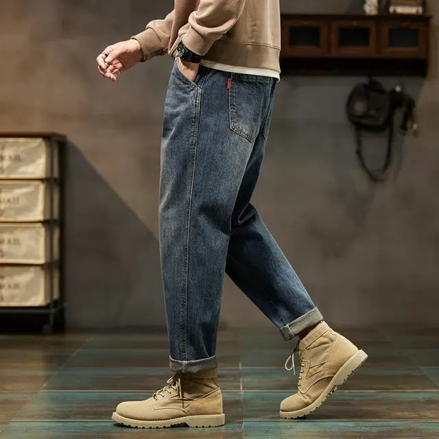 雅鹿 休闲百搭哈伦修身小直筒复古高街水洗耐磨牛仔裤 男款 怀旧蓝