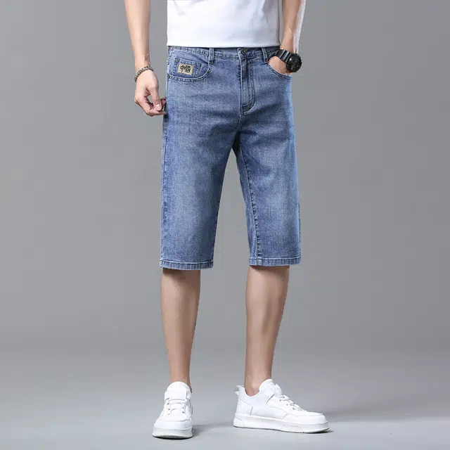 雅鹿 薄款直筒宽松休闲美式潮牌五分水洗耐磨牛仔短裤 男款 磨白蓝