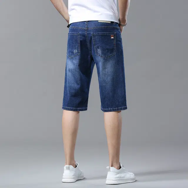 雅鹿 宽松阔腿中裤薄款休闲水洗耐磨百搭潮牌五分牛仔短裤 男款 蓝色