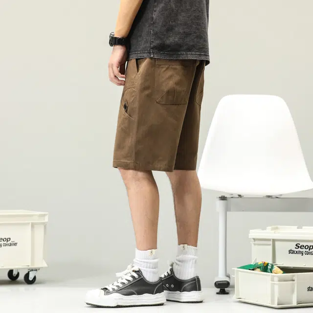 雅鹿 潮牌美式工装五分裤百搭纯棉中腰系带薄款纯色简约休闲短裤 男款