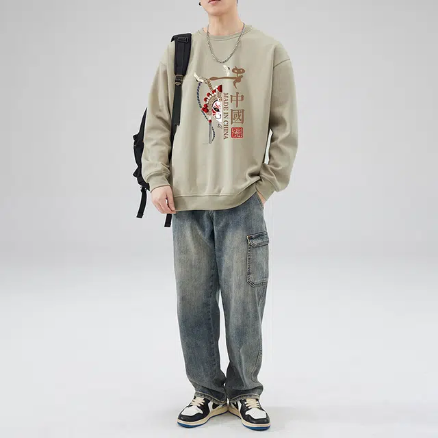 雅鹿 国风宽松圆领长袖国潮衣服落肩卫衣 男款