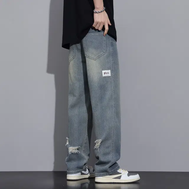 雅鹿 美式复古破洞宽松休闲牛仔裤 男款 怀旧色