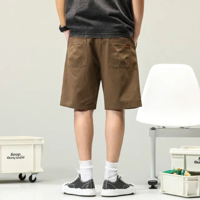 雅鹿 潮牌美式工装五分裤百搭纯棉中腰系带薄款纯色简约休闲短裤 男款