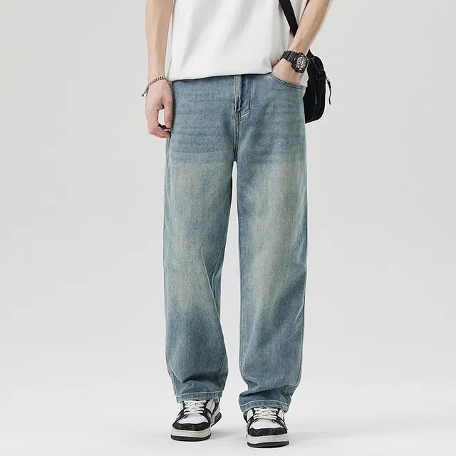 雅鹿 复古阔腿垂感百搭宽松直筒水洗做旧耐磨休闲牛仔裤 男款 蓝色