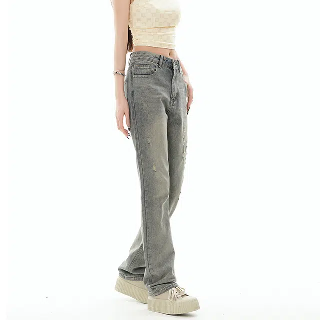 雅鹿 破洞复古百搭宽松阔腿微喇休闲水洗耐磨牛仔裤 男女同款 怀旧蓝