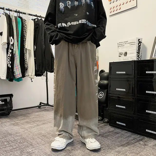 雅鹿 渐变薄款直筒阔腿高街宽松休闲百搭牛仔裤 男女同款