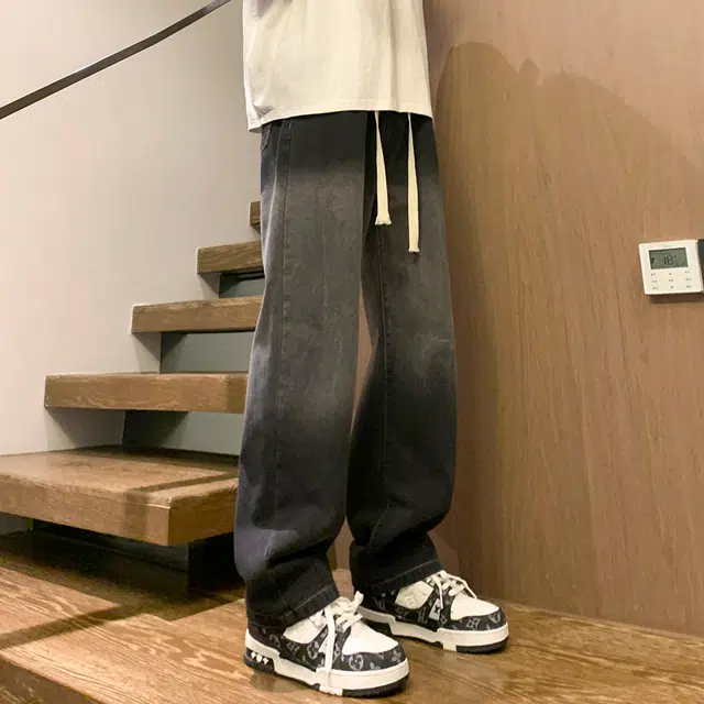 雅鹿 宽松渐变系带垂感百搭休闲水洗耐磨直筒牛仔裤 男款