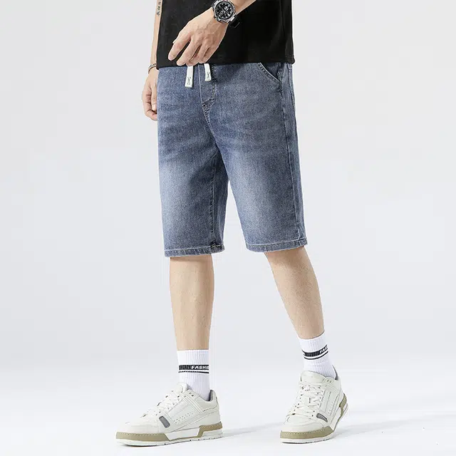 雅鹿 百搭时尚宽松水洗耐磨美式复古五分裤牛仔短裤 男款 蓝色