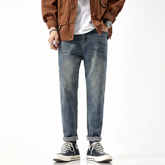 雅鹿 美式高街复古修身直筒中腰耐磨水洗牛仔裤 男款
