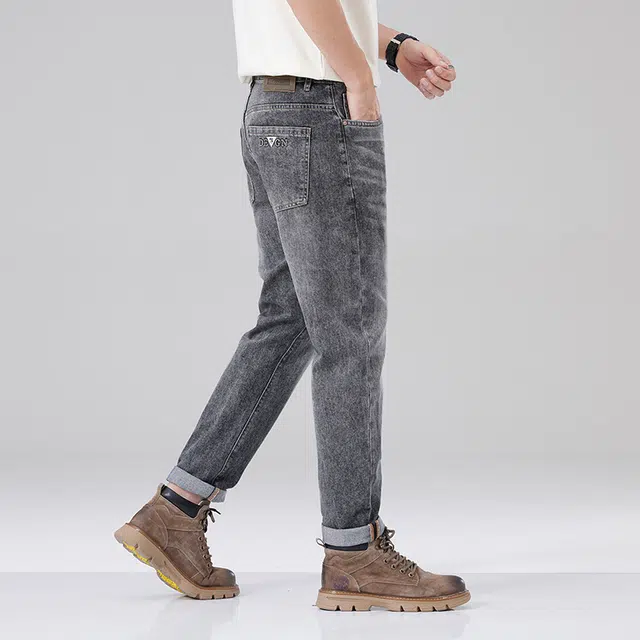 雅鹿 复古水洗直筒修身锥形弹力牛仔裤 男款 烟灰
