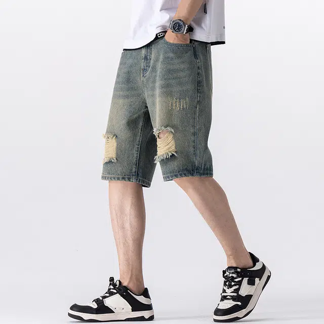 雅鹿 做旧嘻哈街头破洞时尚潮流宽松百搭五分裤牛仔短裤 男款 黄泥蓝