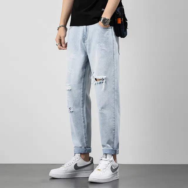 雅鹿 美式高街复古百搭水洗破洞修身直筒牛仔裤 男款 浅蓝