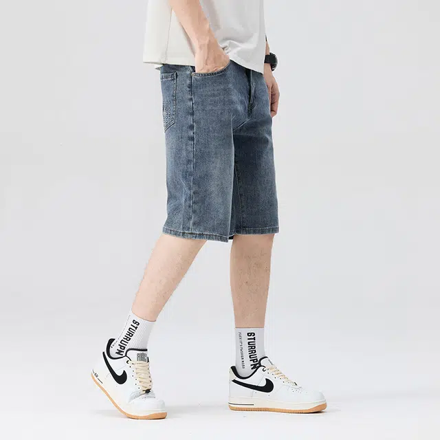 雅鹿 休闲百搭宽松薄款直筒五分裤牛仔短裤 男款 蓝色