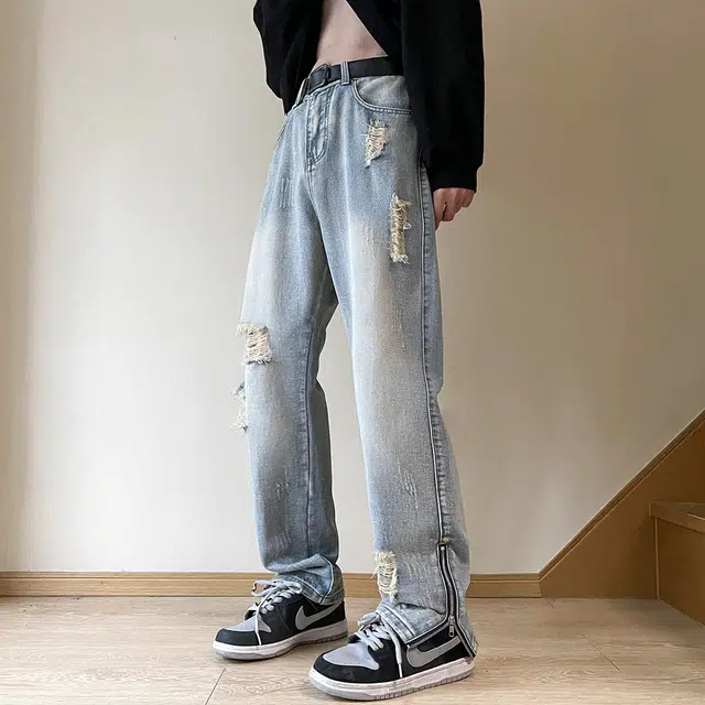 雅鹿 复古休闲中腰宽松拉链破洞牛仔裤 男女同款
