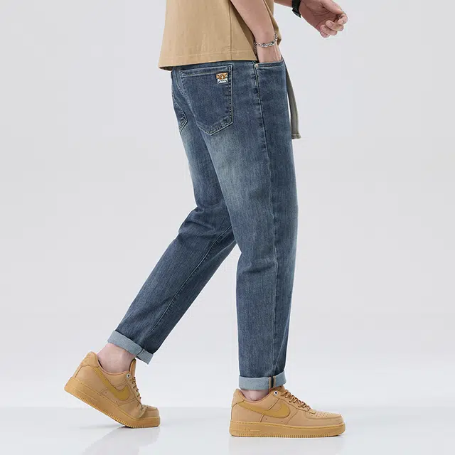 雅鹿 宽松休闲锥形九分中腰牛仔裤 男款 蓝色