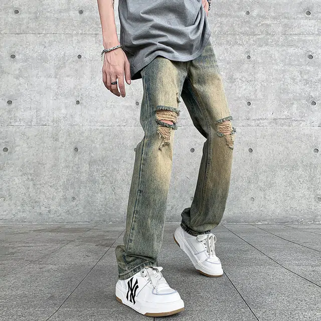 雅鹿 美式复古破洞百搭休闲水洗耐磨宽松直筒垂感牛仔裤 男款 泥黄