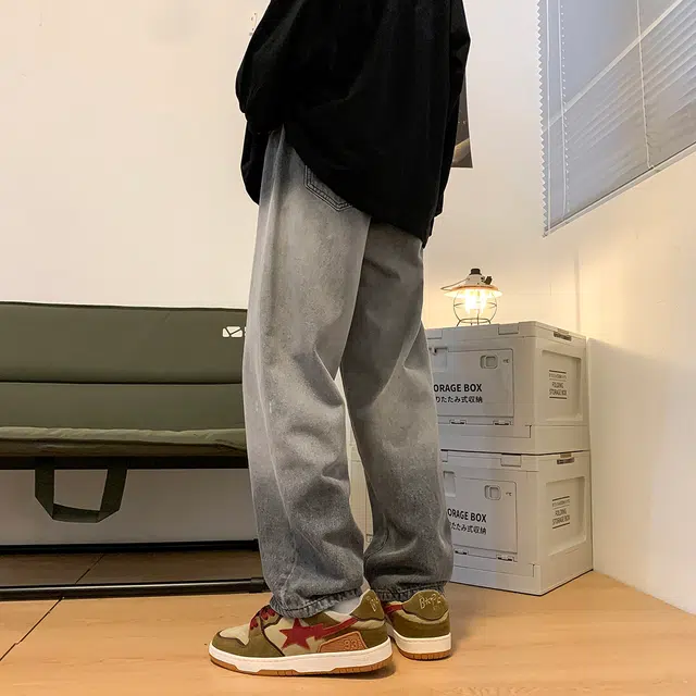 雅鹿 渐变复古美式高街宽松休闲百搭阔腿牛仔裤 男女同款