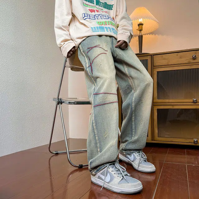 雅鹿 垂感百搭直筒宽松显瘦休闲拖地牛仔裤 男女同款
