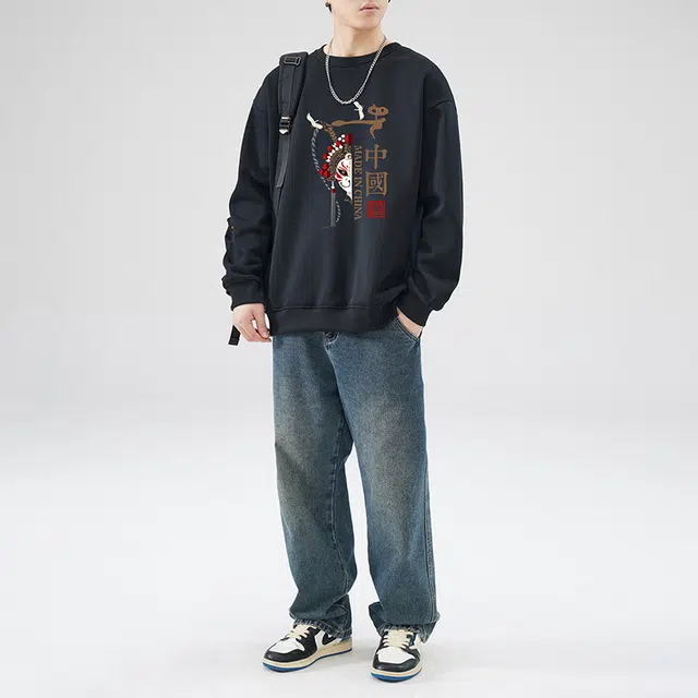 雅鹿 国风宽松圆领长袖国潮衣服落肩卫衣 男款