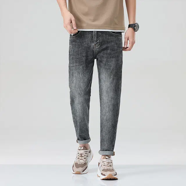 雅鹿 复古水洗做旧宽松弹力直筒休闲百搭牛仔裤 男款 黑灰