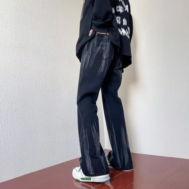 雅鹿 做旧中腰拉链宽松阔腿牛仔裤 男女同款 黑色