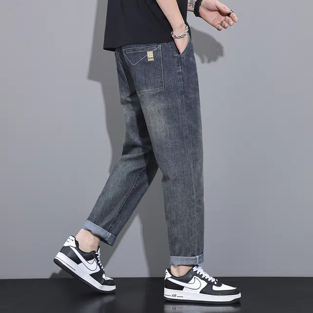 雅鹿 抽绳松紧腰直筒水洗系带牛仔裤 男款 复古蓝