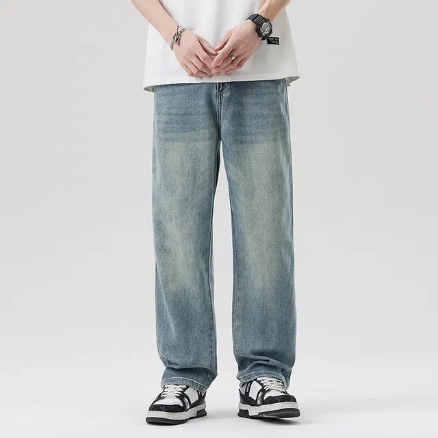 雅鹿 复古阔腿垂感百搭宽松直筒水洗做旧耐磨休闲牛仔裤 男款 蓝色