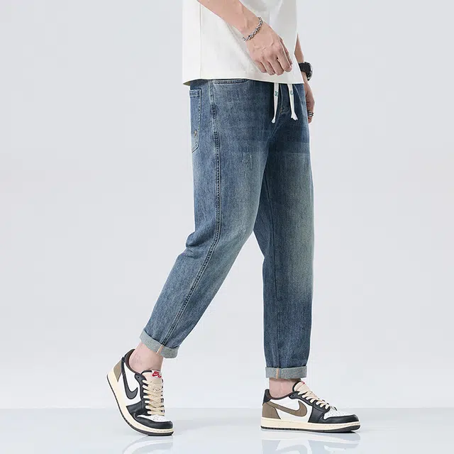 雅鹿 复古宽松水洗潮流哈伦系带牛仔裤 男款 蓝灰