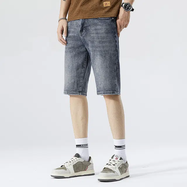 雅鹿 高街美式宽松水洗耐磨休闲五分裤牛仔短裤 男款 蓝色