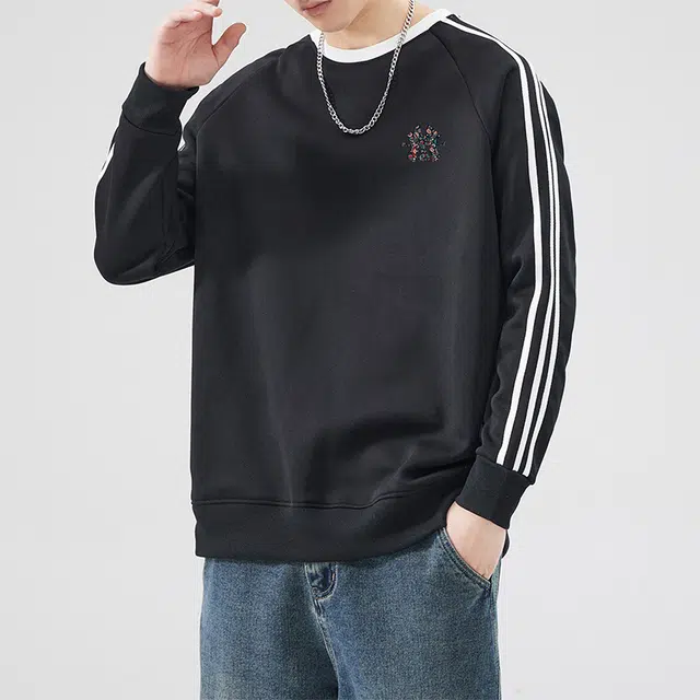 雅鹿 拼接条纹宽松字母印花长袖内搭套头衫百搭休闲外穿卫衣 男款