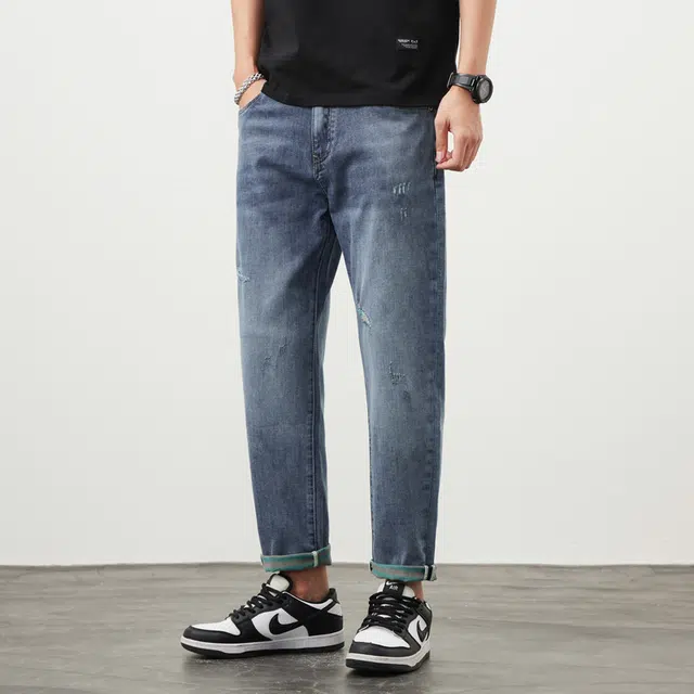 雅鹿 宽松直筒破洞中腰牛仔裤 男款 蓝色