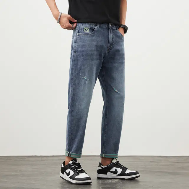 雅鹿 宽松直筒破洞中腰牛仔裤 男款 蓝色