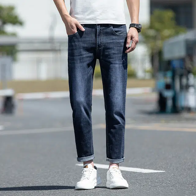 雅鹿 高街美式直筒修身中腰水洗耐磨牛仔裤 男款 深蓝灰