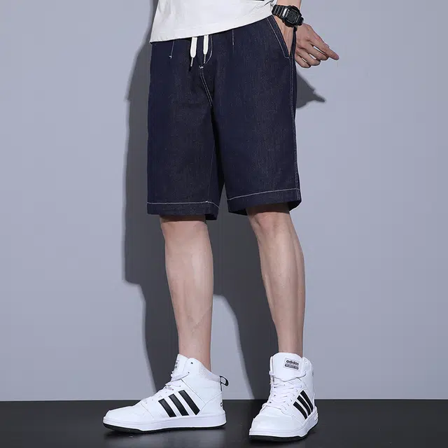 雅鹿 纯色简约潮牌中腰系带宽松百搭时尚五分牛仔短裤 男款 蓝色