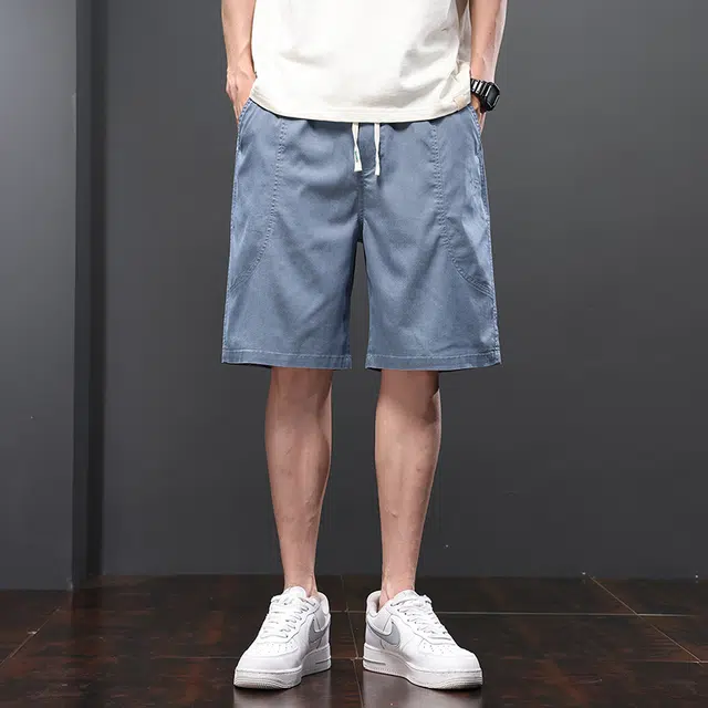 雅鹿 莱赛尔宽松五分裤系带中腰百搭时尚简约纯色休闲短裤 男款